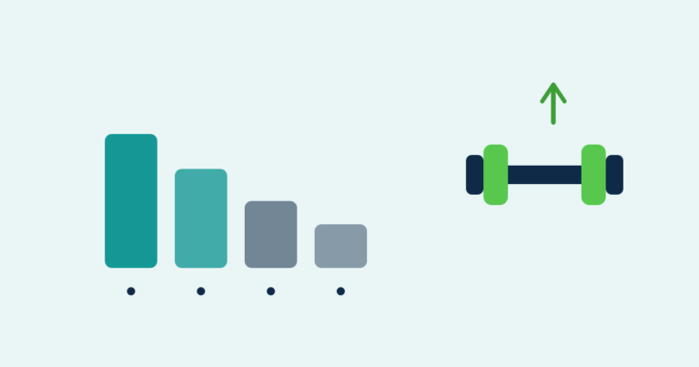 Descending bar chart showing muscle decline with age next to a dumbbell and upward arrow