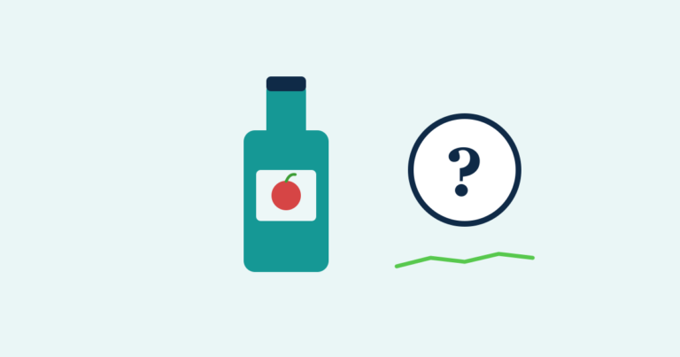 A bottle of apple cider vinegar beside a large question mark and a modest glucose line