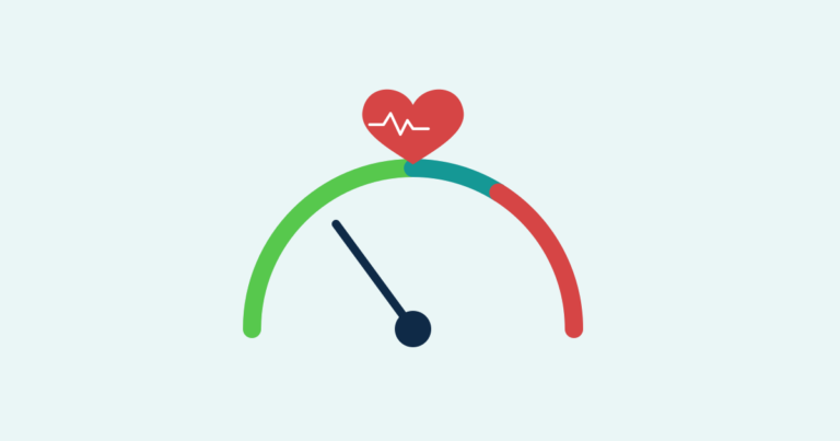 Blood pressure gauge with green-teal-red zones and a heart with a pulse line