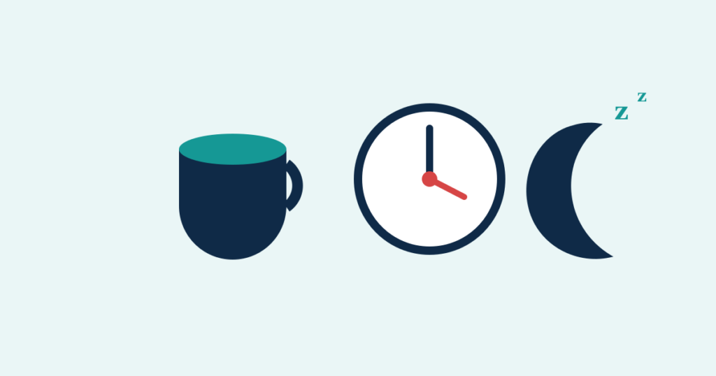 A coffee cup, a clock showing late afternoon, and a crescent moon with Zzz
