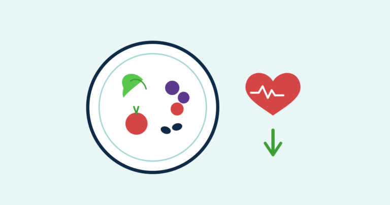 Plate of leafy greens, berries, beets and seeds beside a heart with a downward arrow