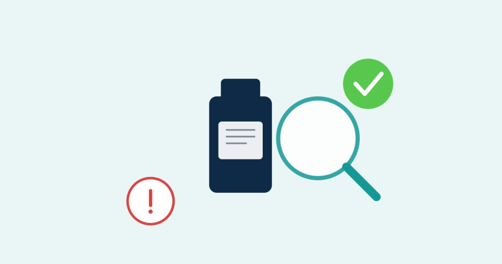 Illustration of a supplement bottle under review, with evidence checkmark and caution icons