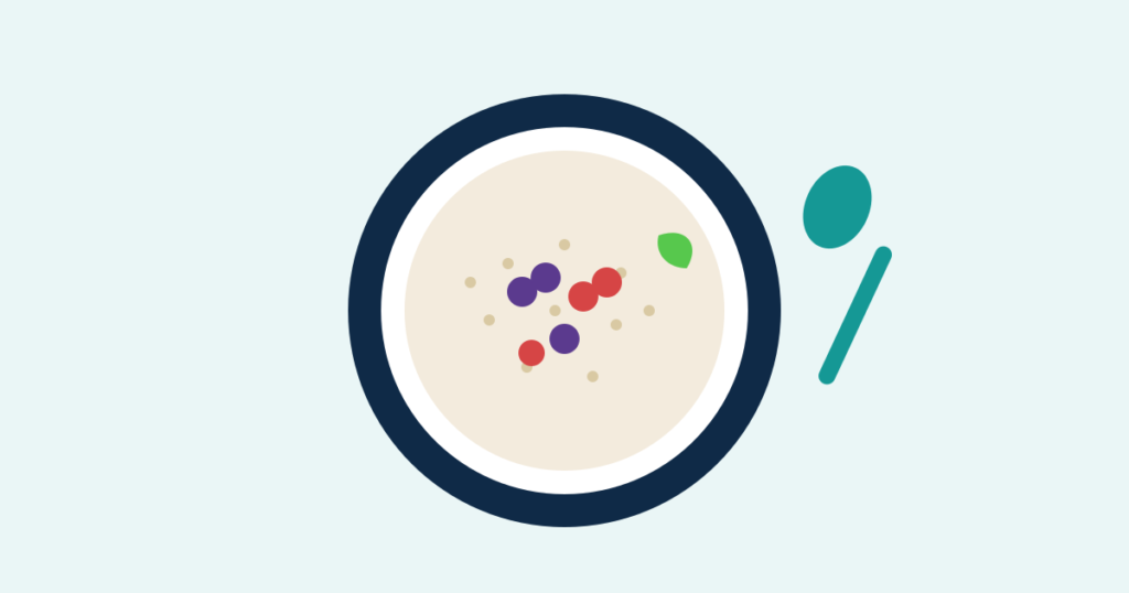Bowl of high-fiber cinnamon overnight oats with berries, top-down illustration