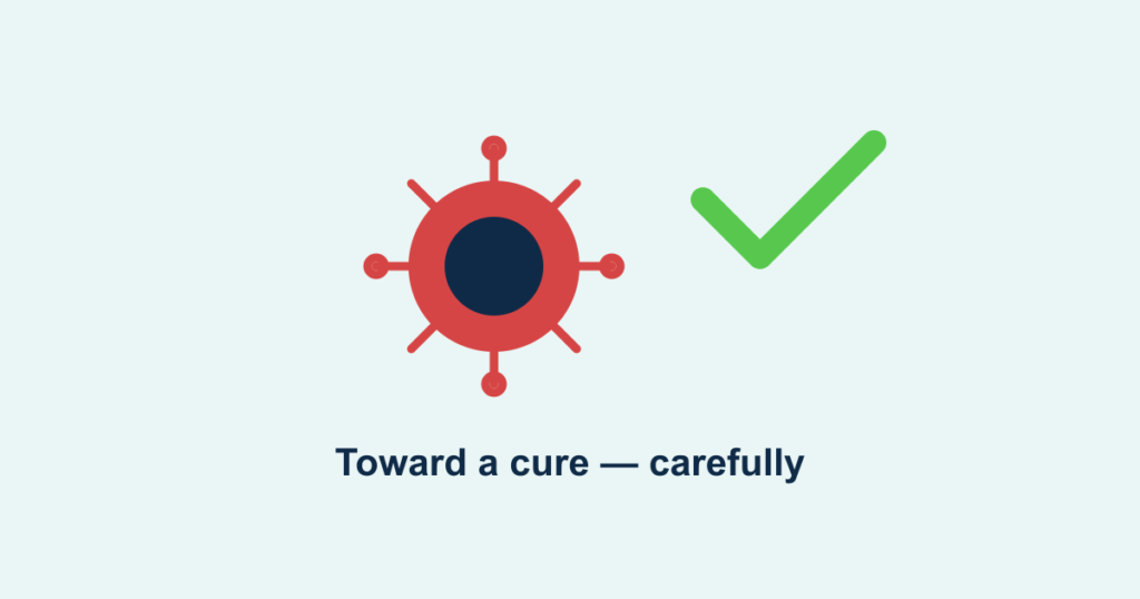 An HIV virus icon beside a green checkmark, representing progress toward a cure
