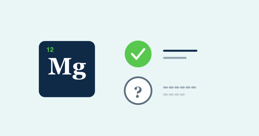 A magnesium element tile beside a green checkmark for blood pressure and a question mark for sleep