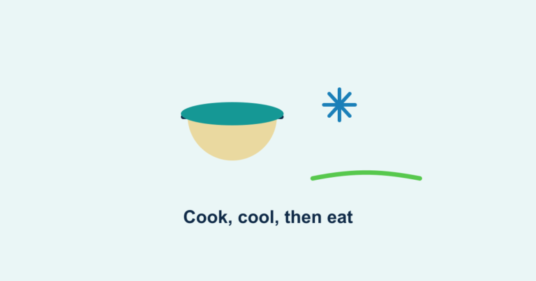A bowl of rice with a cooling snowflake and a gentler glucose curve