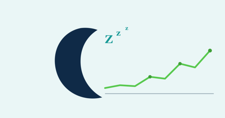 Crescent moon with Zzz beside a rising glucose line, showing sleep loss raising blood sugar