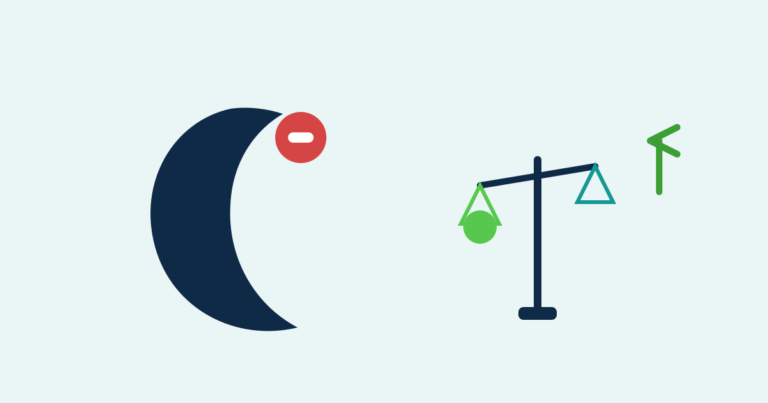 Crescent moon with a minus sign beside a tipping balance scale and an upward arrow