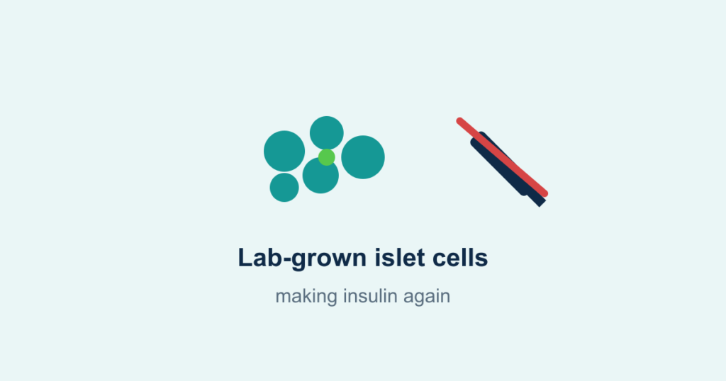 Lab-grown islet cells beside a crossed-out insulin syringe