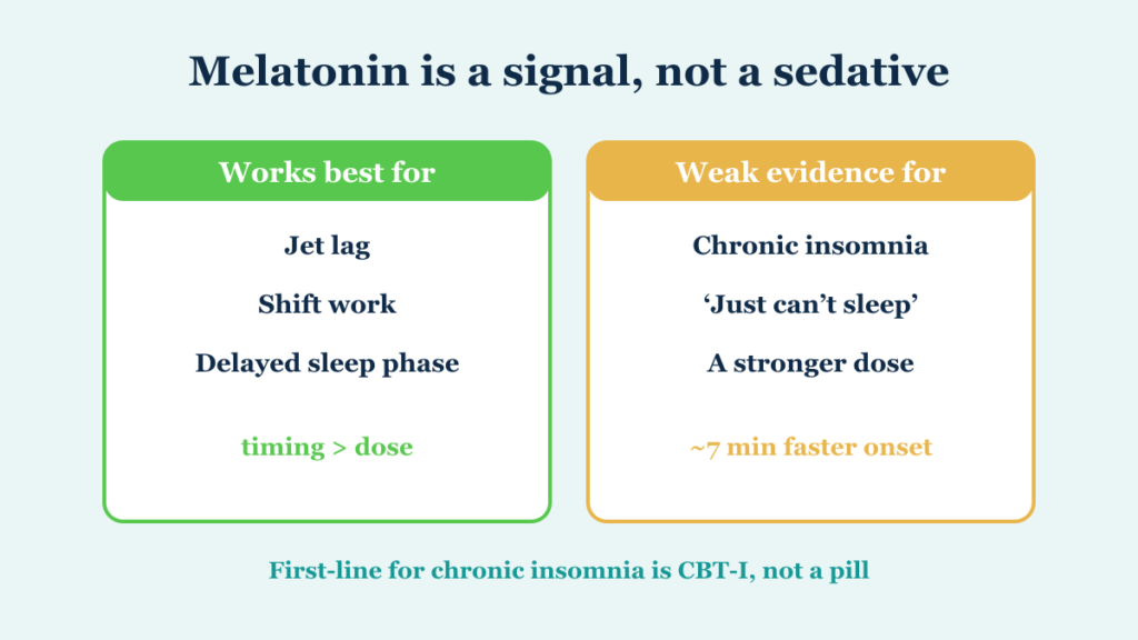 Melatonin works best for jet lag, shift work and delayed sleep phase, and only weakly for chronic insomnia