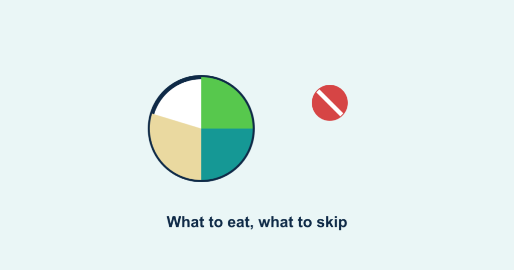 A plate divided into food groups with a crossed-out sugary item