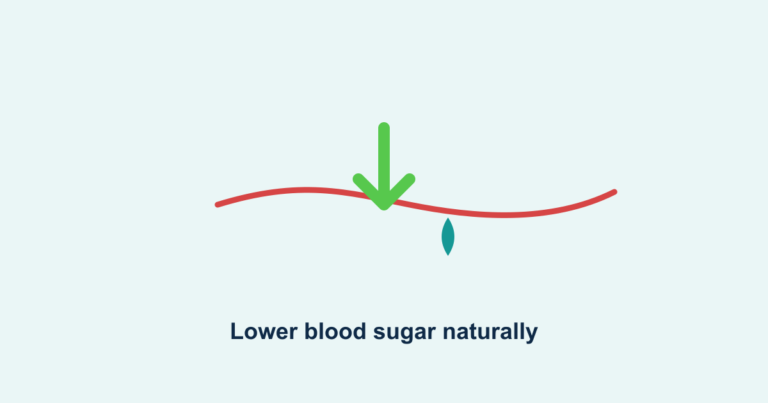 A downward glucose curve with a green leaf, illustrating natural blood sugar control