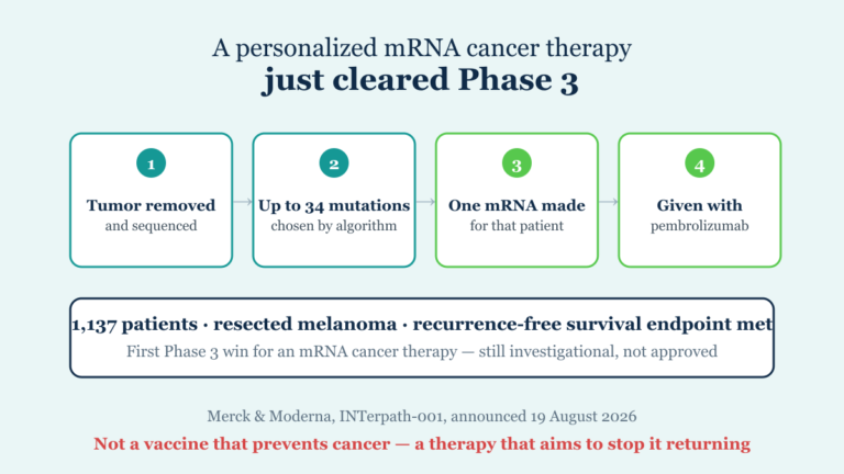 How Moderna's personalized mRNA cancer therapy works: tumour sequenced, mutations selected, custom mRNA made, given with pembrolizumab