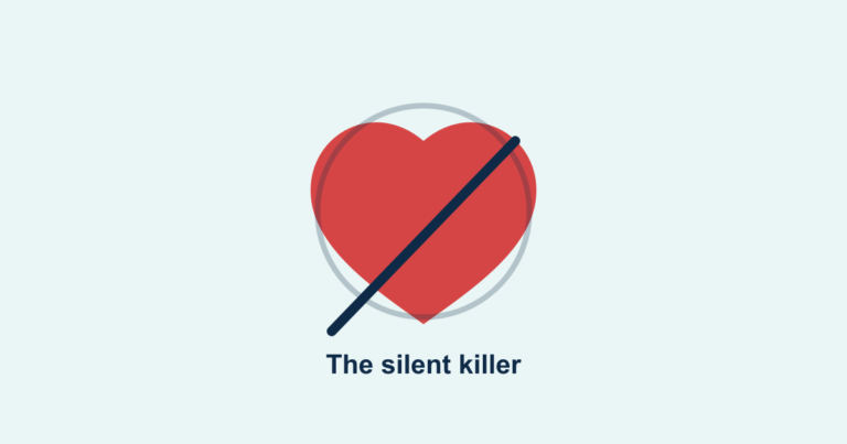 A heart with a crossed-out warning, illustrating that high blood pressure is usually symptomless
