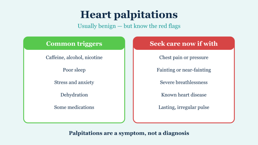 Common triggers of heart palpitations alongside the red flag symptoms that require urgent care